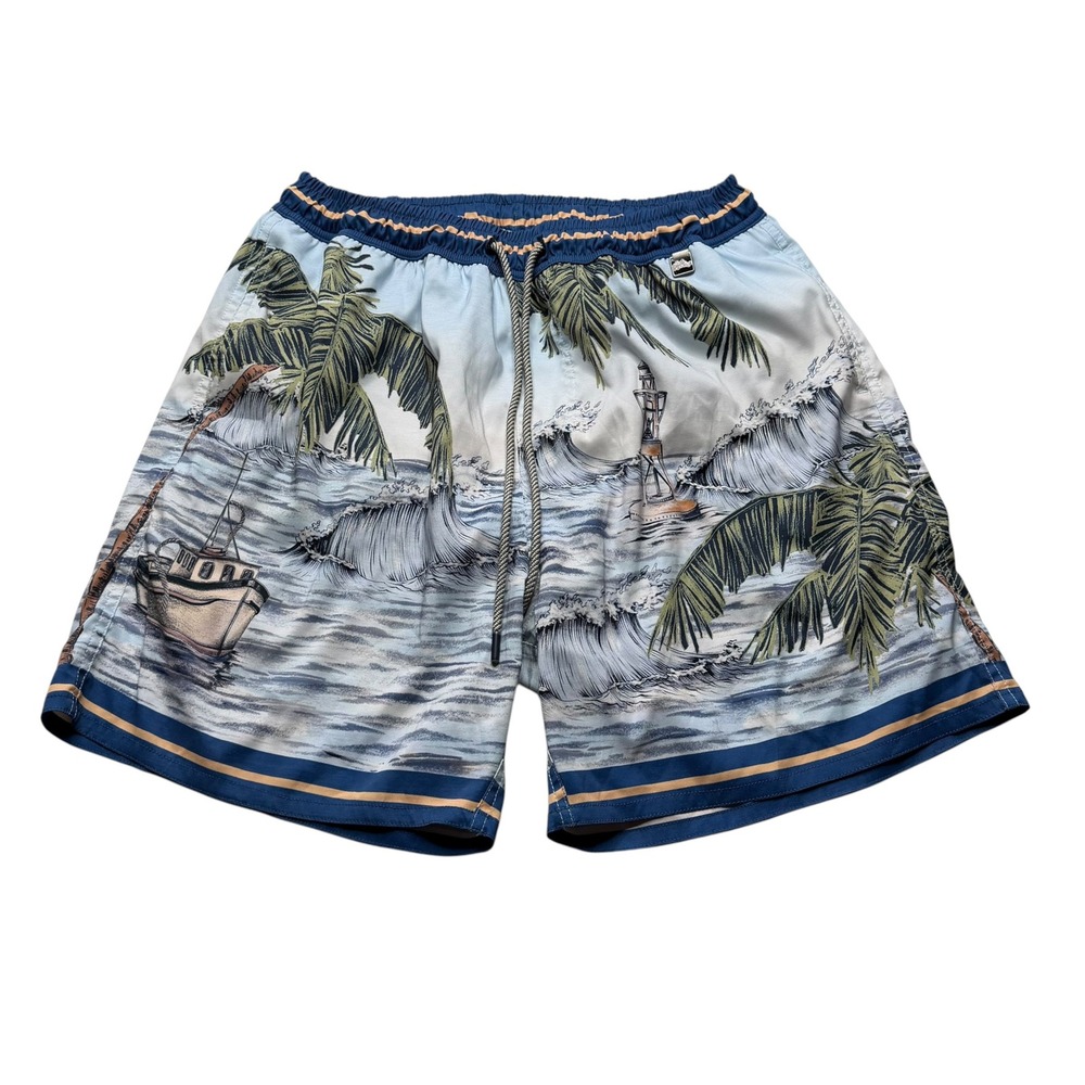 AGUA BENDITA Swim Trunks Blue Tropical Ocean Scene Men's Size 36 Mesh Lined